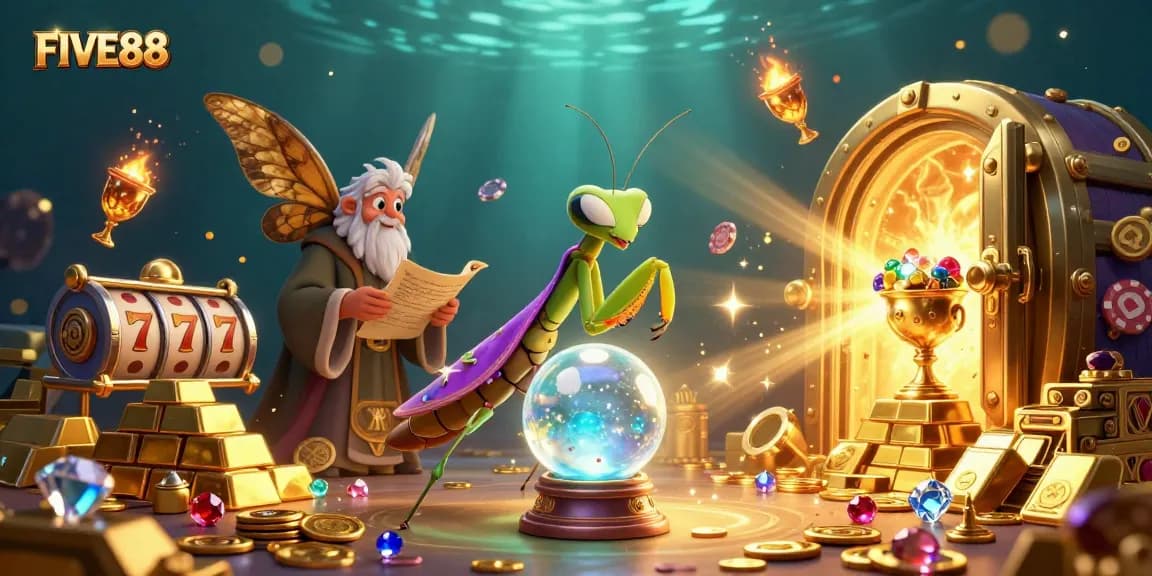 Engage with the vibrant FIVE88 casino scene showcasing a fortune teller, librarian, and dynamic gaming elements.