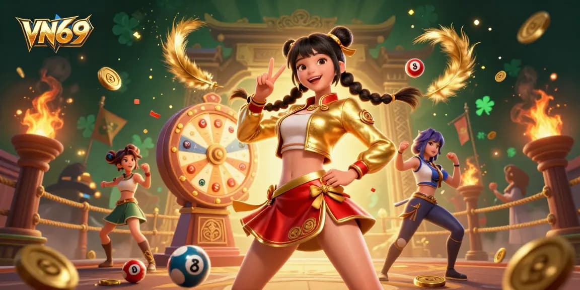 Engage with VN69 at a vibrant online casino, featuring a lively Asian woman surrounded by lottery balls and prizes.