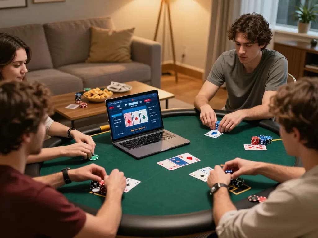 Sunwin online poker gameplay with players strategizing in a comfortable home setting, enjoying the experience together.