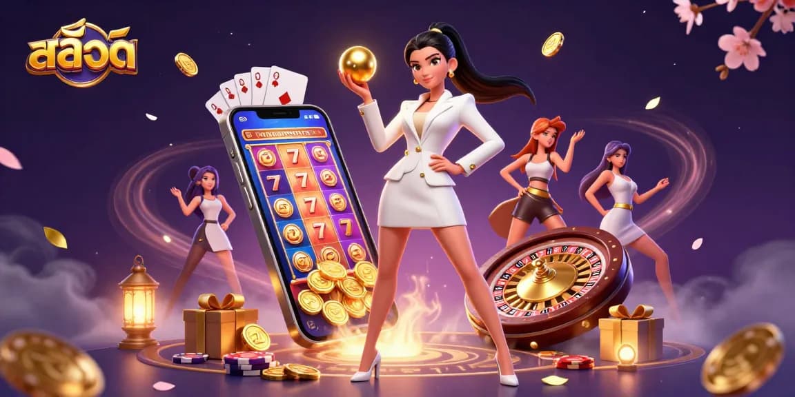 Experience the excitement of สล็อต with a stunning illustration featuring a glamorous Asian woman in a casino setting.