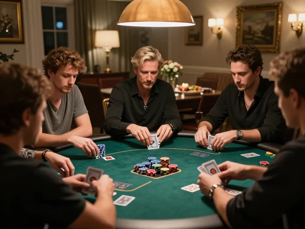 Kèo nhà cái 5 players engaged in an intense poker game at home, showcasing chips and cards.