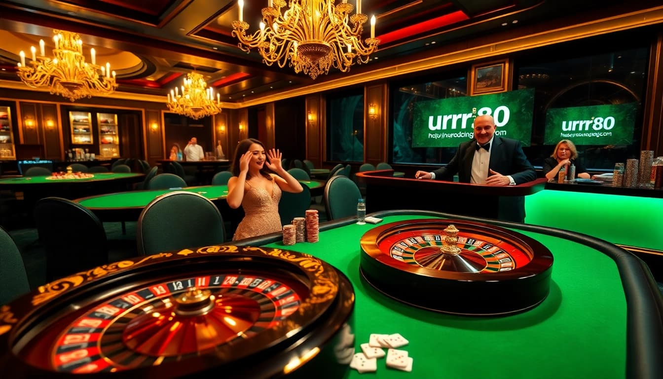 Exciting scene at a luxurious casino featuring games from https://urr88.com/, with poker tables and a bustling atmosphere.