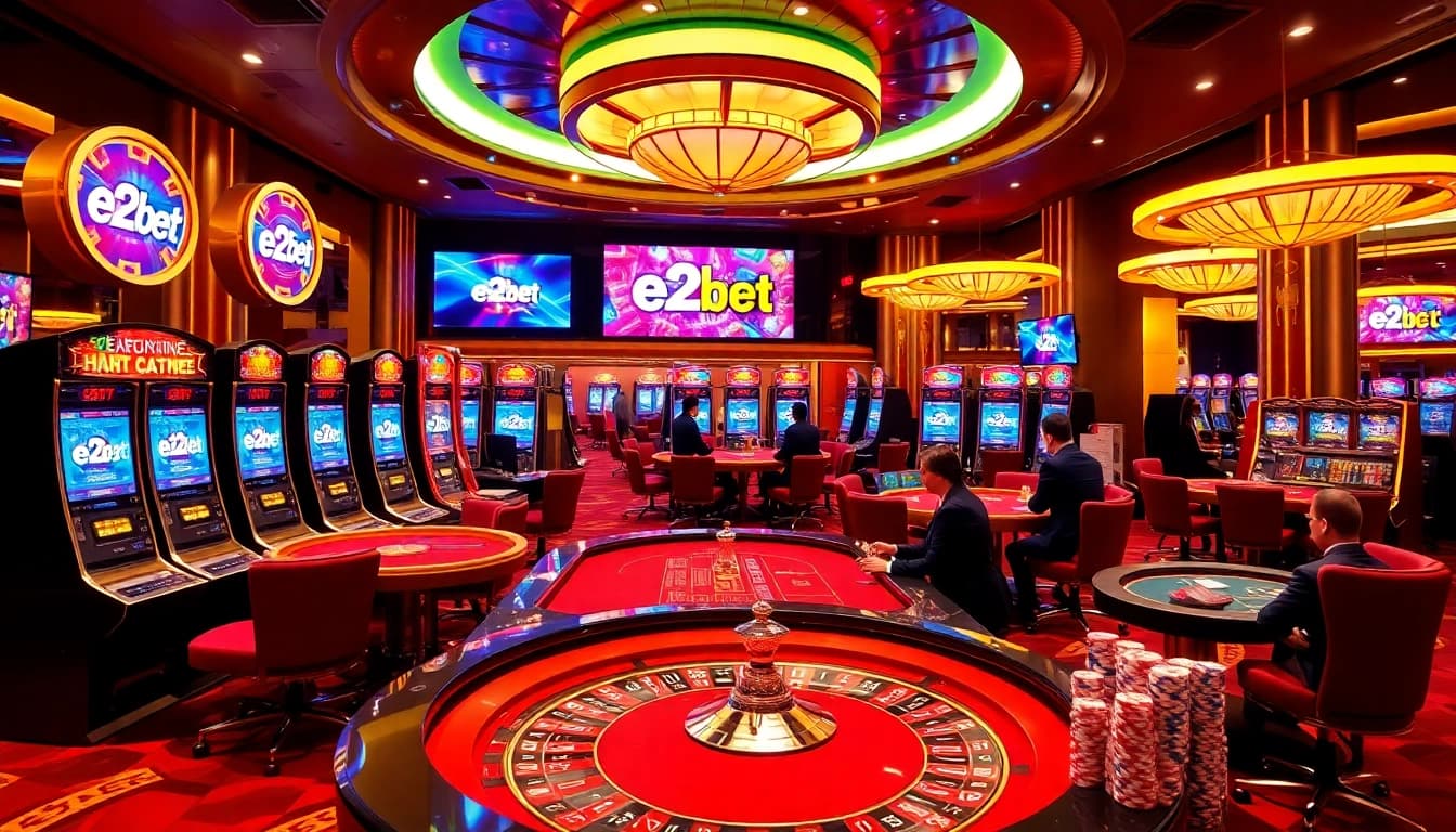 Exciting online gaming atmosphere at e2bet featuring vibrant casino tables, cards, and professional dealers.