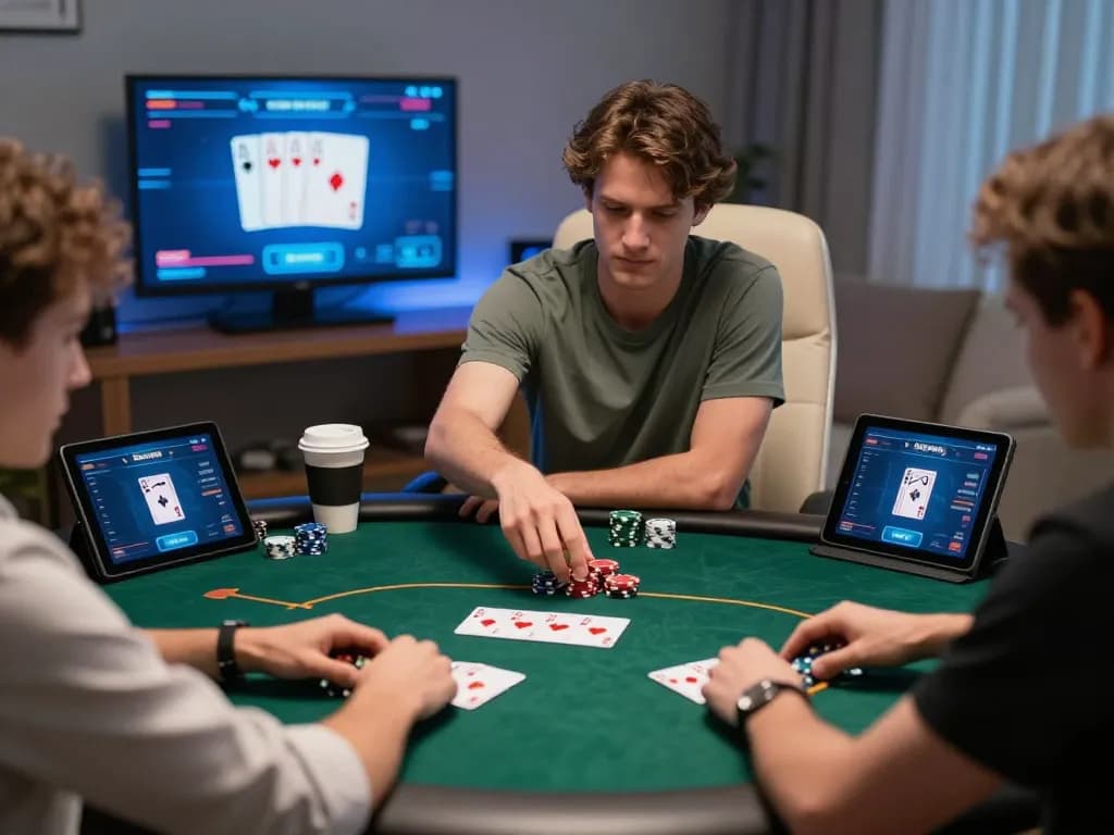 Players enjoying a Sunwin online poker game, showcasing strategic betting and winning hand excitement.