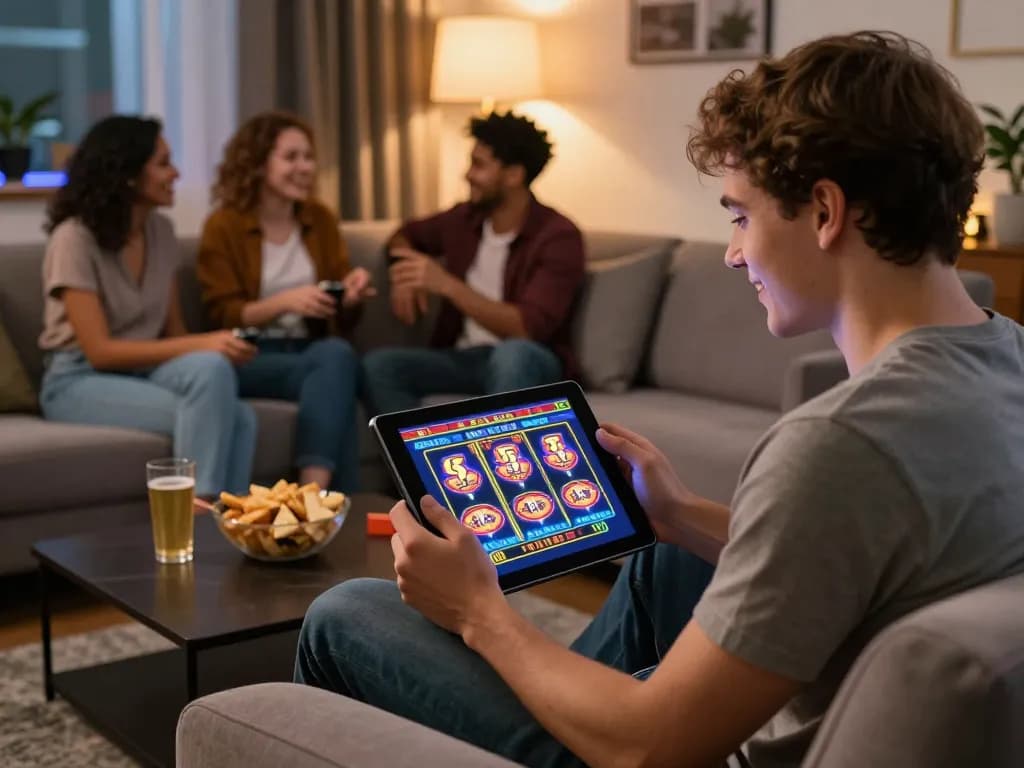 Exciting scene of a young adult playing MM88 online casino game in a cozy setting.