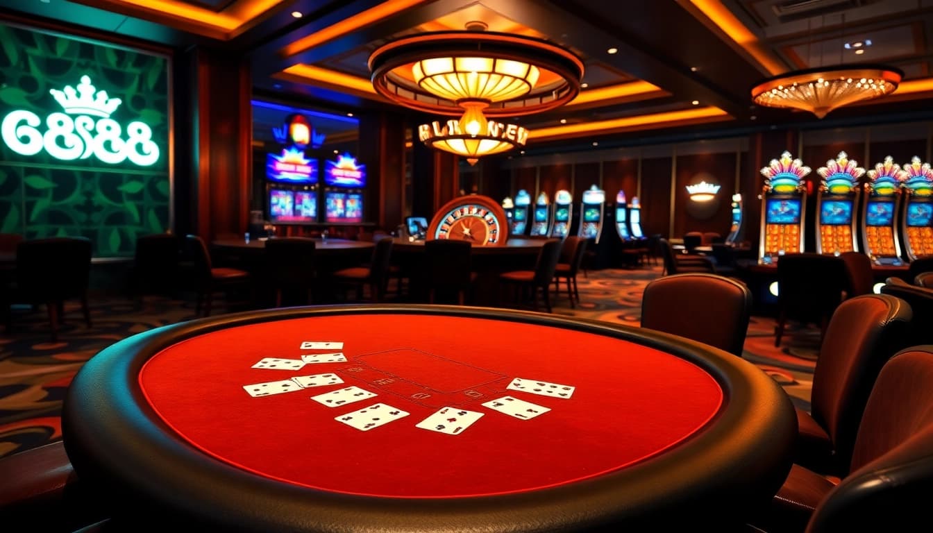 Experience thrilling gameplay at U888's luxurious casino, featuring vibrant slot machines and poker tables.