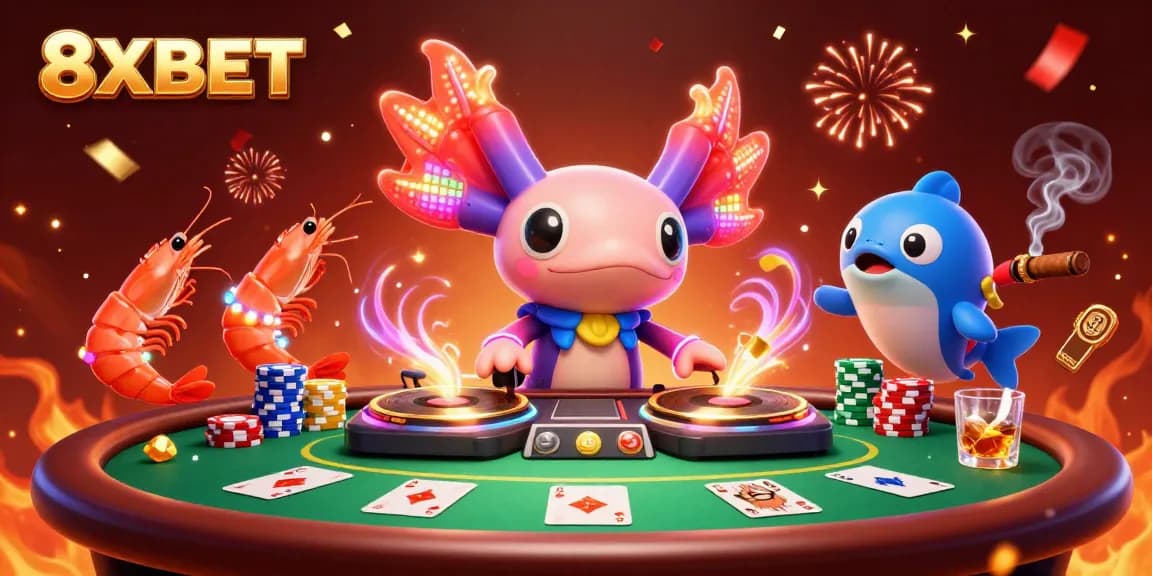 Experience the lively scene at 8XBET with a neon axolotl DJ and poker table excitement.