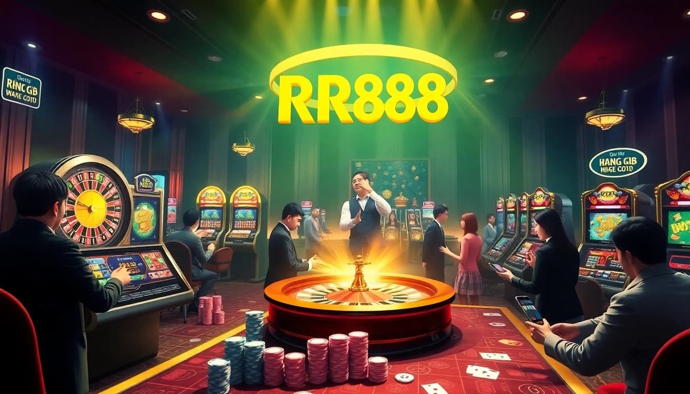 Experience excitement while đăng ký RR88 at a luxurious casino with roulette wheels and poker chips.