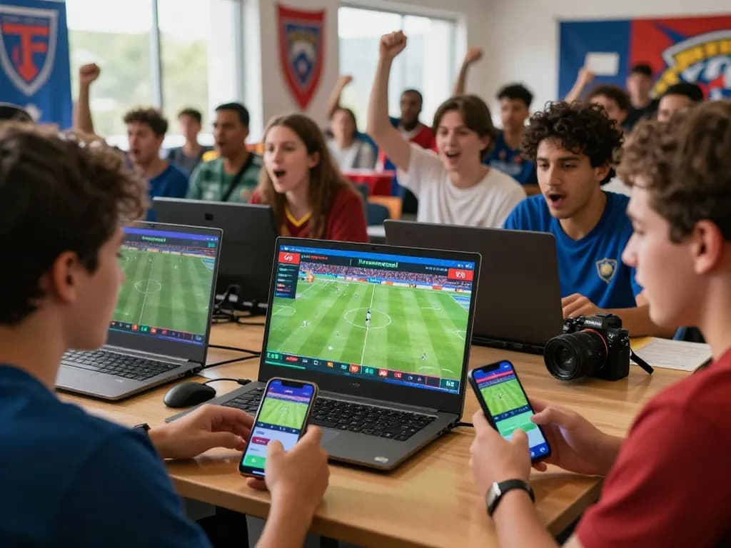 Excited fans using Nowgoal for live football betting on multiple devices in a vibrant sports atmosphere.