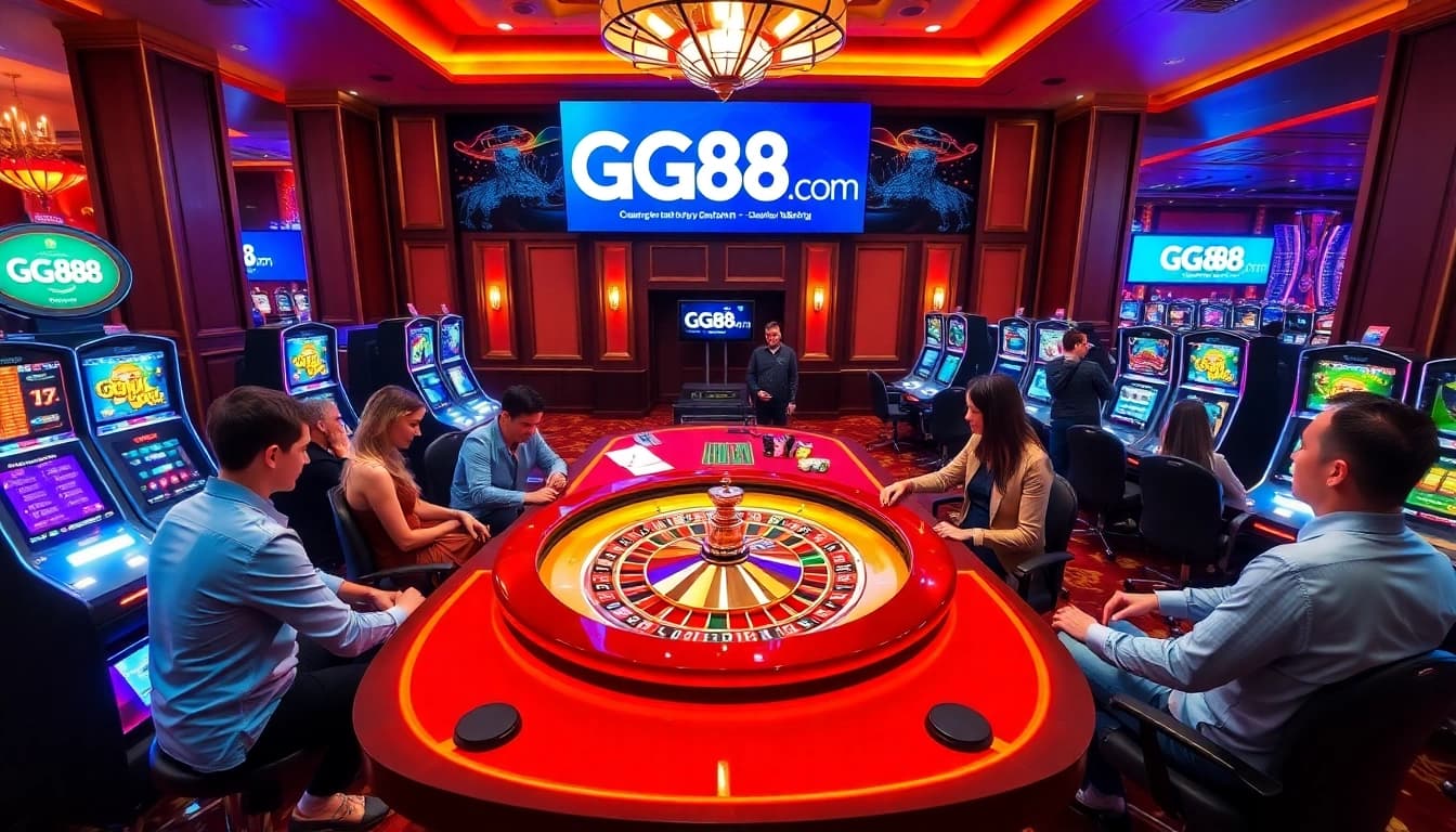 Players enjoying games at GG88 com casino with roulette and slot machines.