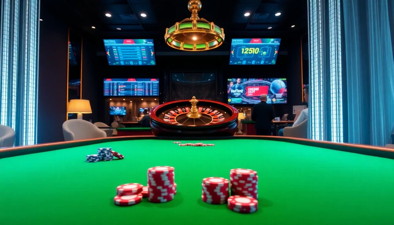 Exciting gameplay at Nhà cái OXBET, showcasing a vibrant casino setup with tables, chips, and digital betting interfaces.