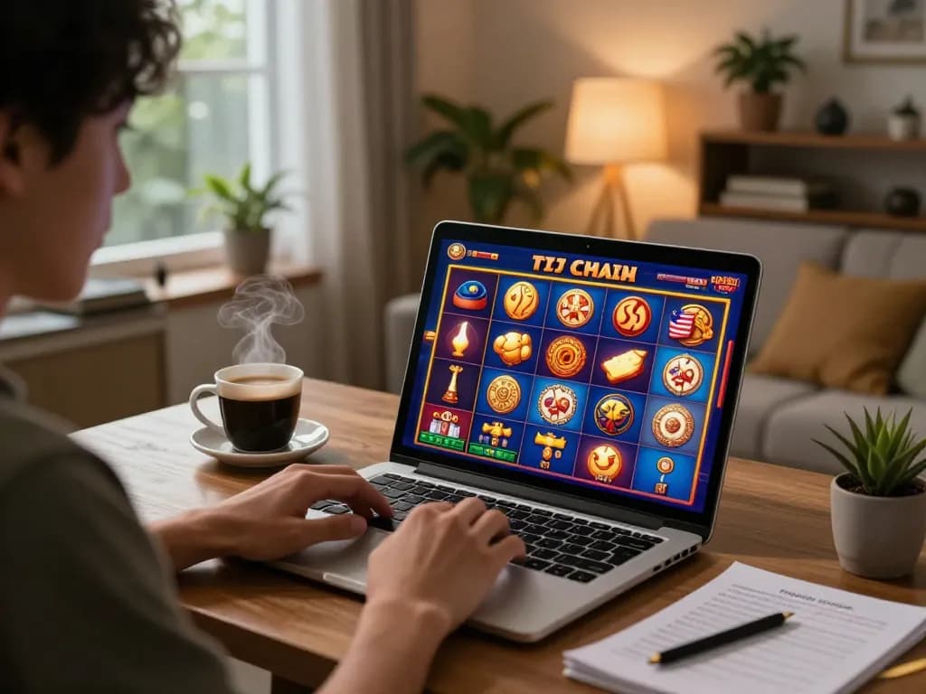 Player enjoying a thrilling Slot Malaysia experience at home, engaging with colorful online slot games on their laptop.