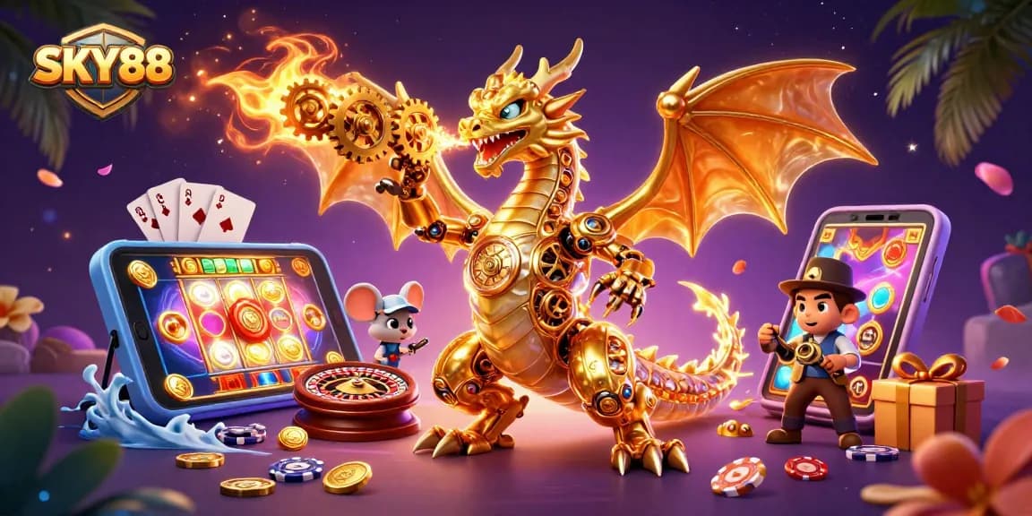 Engage in thrilling gameplay with SKY88's golden dragon and dynamic casino elements surrounding it.