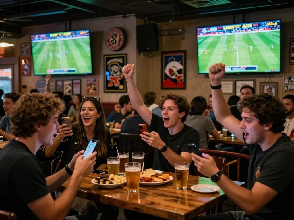 Engaged fans placing bets and cheering during the game at a sports bar, highlighting kèo nhà cái hôm nay excitement.