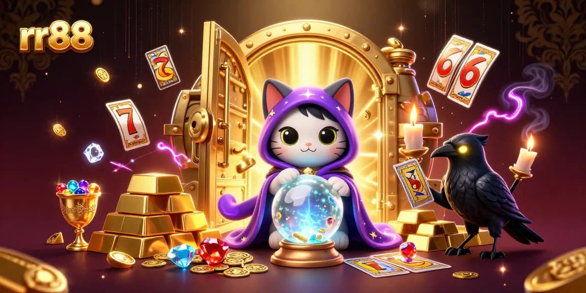 Spin to win at rr88 with a mystical cat and tarot raven amid golden treasures.