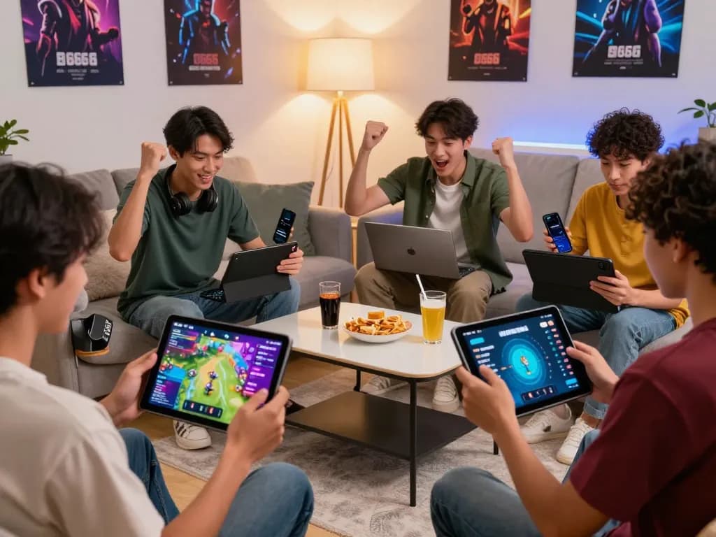 A diverse group of friends enjoying S666 gaming platform at home, celebrating wins and engaging in vibrant game graphics.