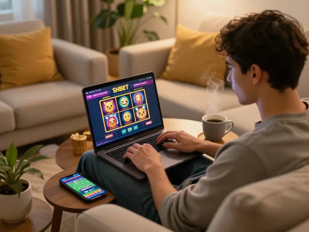 Engaged player exploring SHBET online casino on a laptop with vibrant slot games.