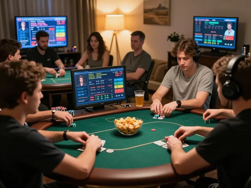 Engaging online poker game session with participants at home, reflecting MANCLUB gaming strategy.