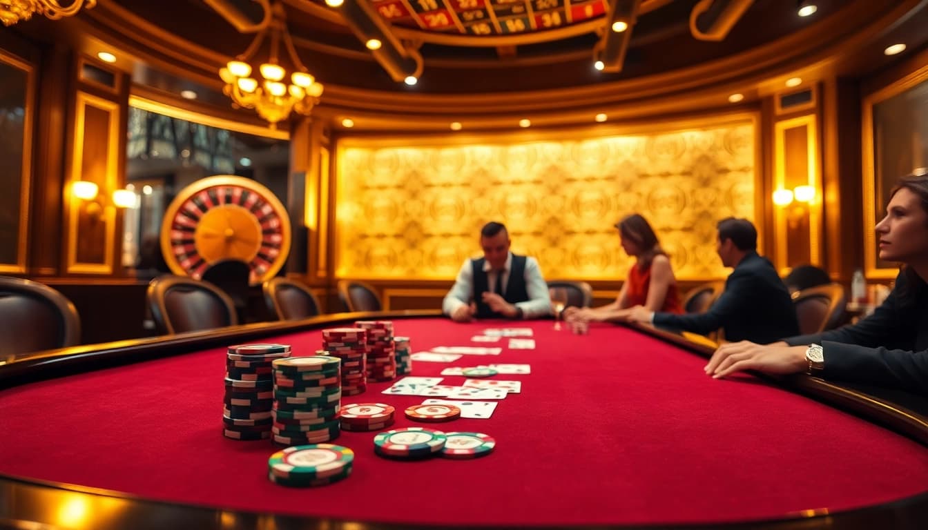 Engage in a thrilling poker game at mk8.sh with luxurious chips and cards in a vibrant casino setting.