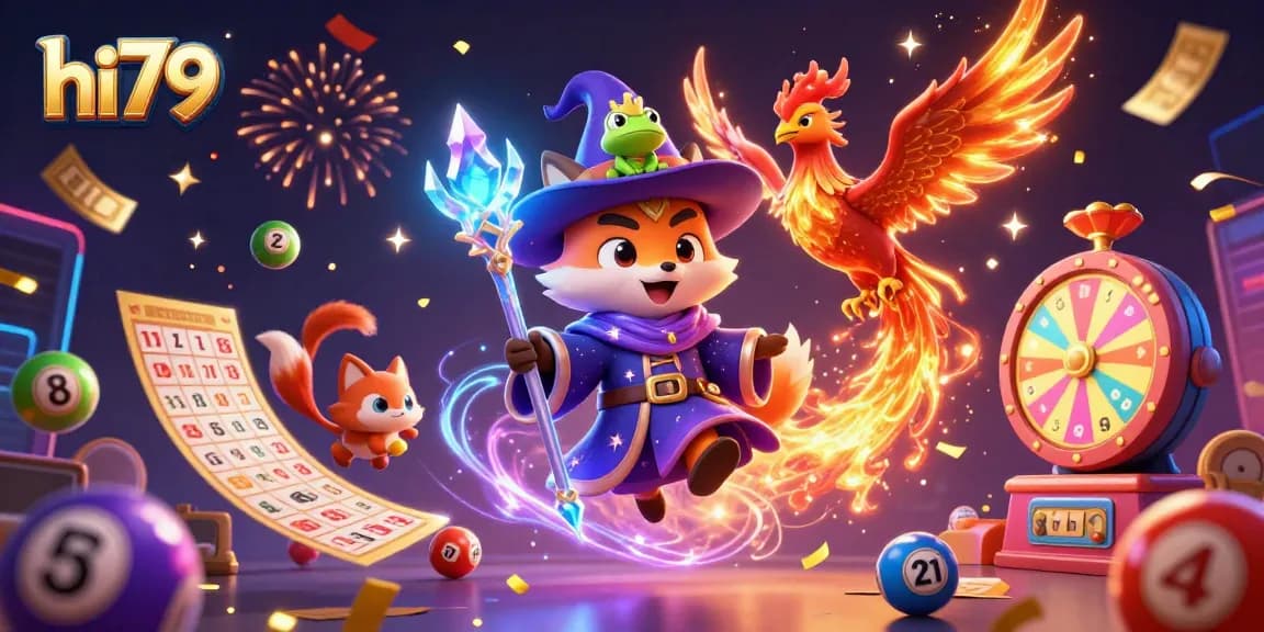 Engage with hi79 in this vibrant 3D casino illustration featuring lottery elements and magical characters.