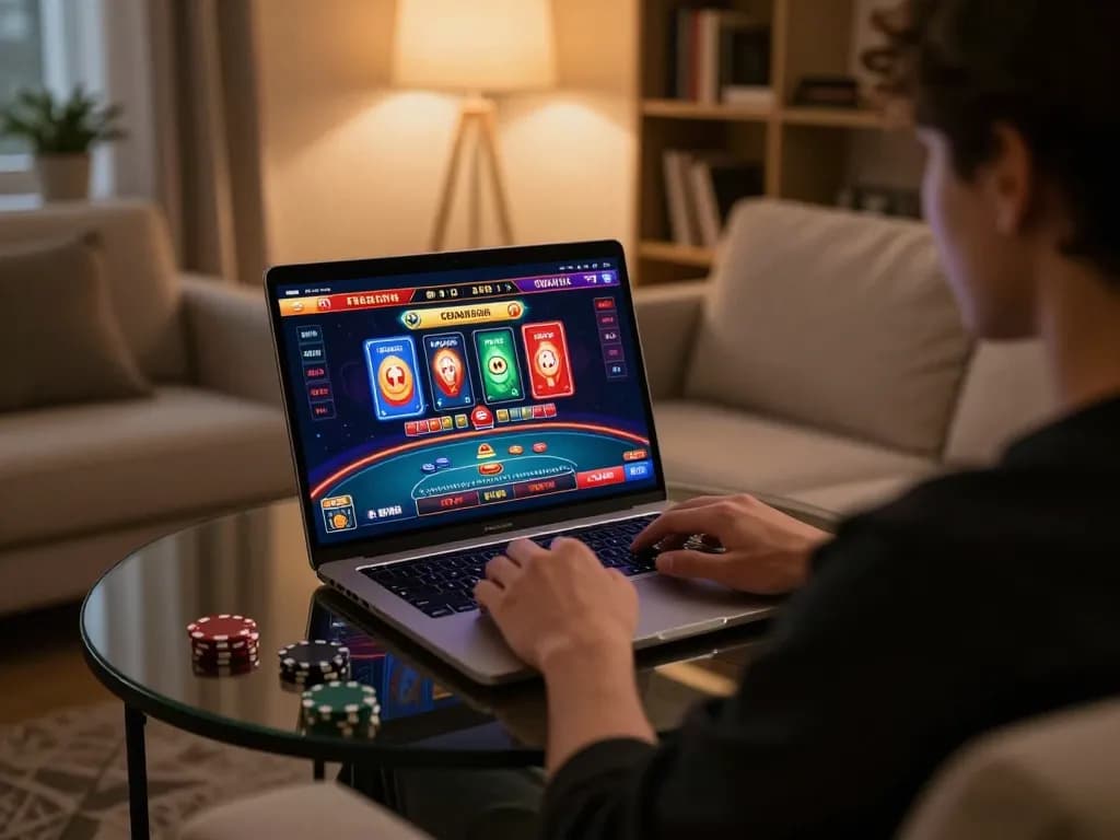 Engaged player using a laptop at home for nhà cái online uy tín gaming, showcasing poker and slots interface for strategic betting.
