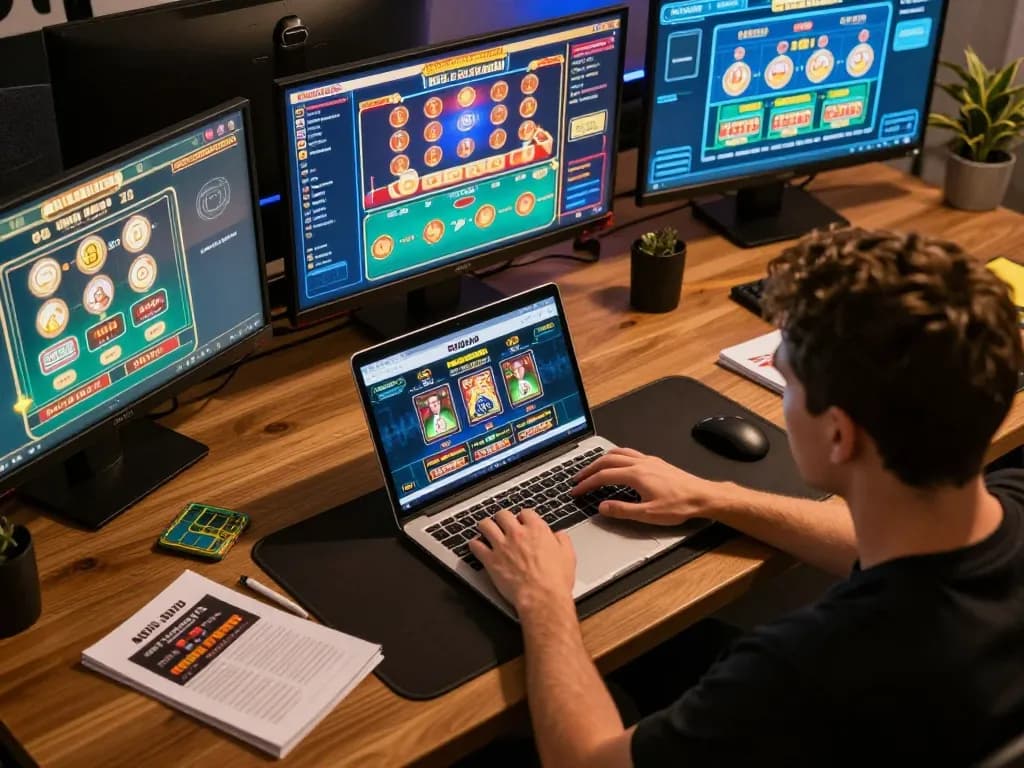 Engaging online gaming experience at NOHU with multiple screens showing casino games and betting notes