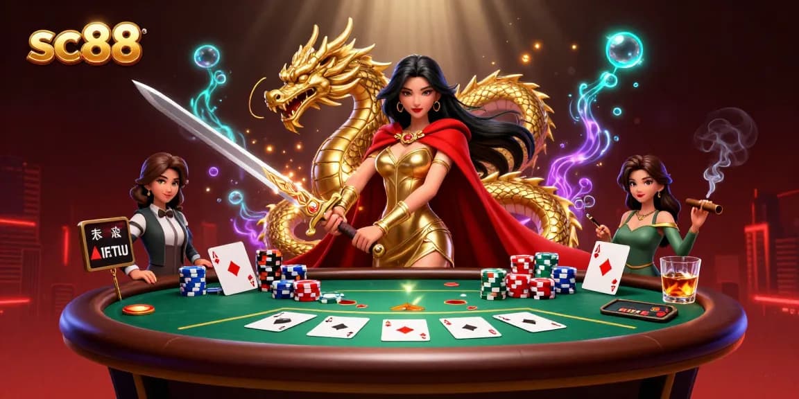 Gamblers strategizing at the SC88 casino, showcasing unique poker elements with vibrant graphics.