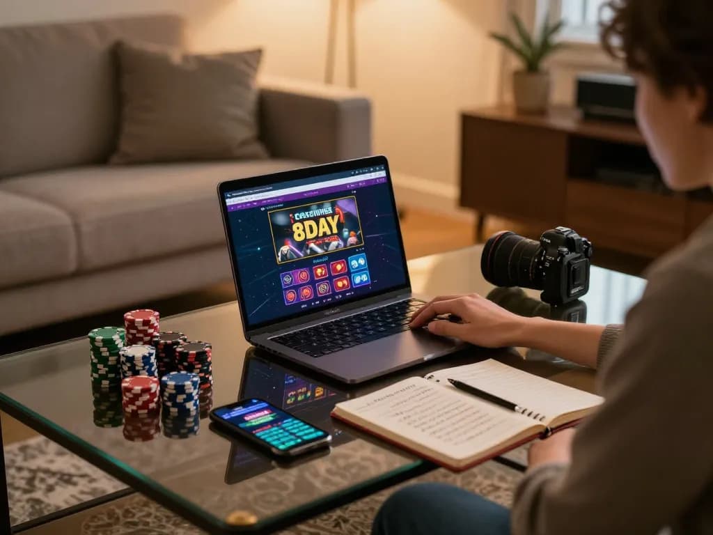 Person engaging with the 8day casino app on a laptop in a cozy home environment, showcasing responsible gaming.