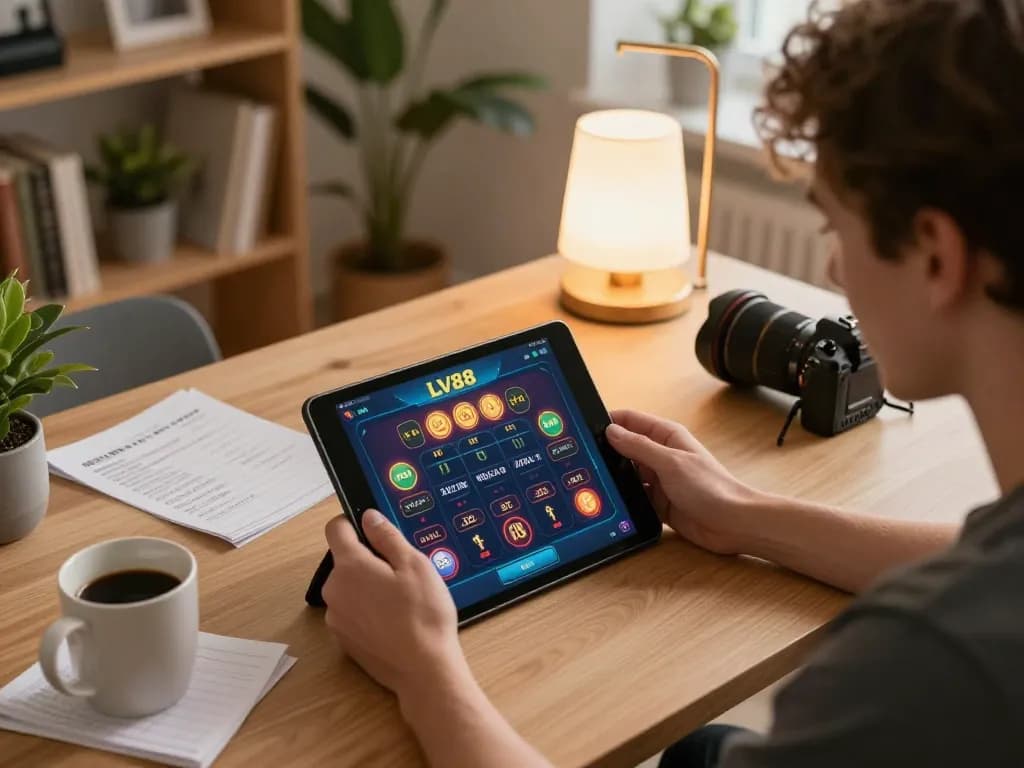 Player engaging with LV88 casino app on tablet while analyzing betting strategies at home