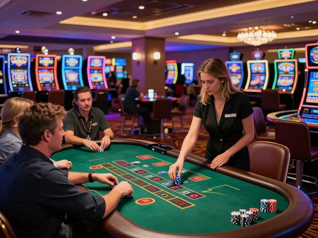 Players engaging in a thrilling blackjack game at 88clbgo casino, surrounded by vibrant slot machines and dynamic lighting.