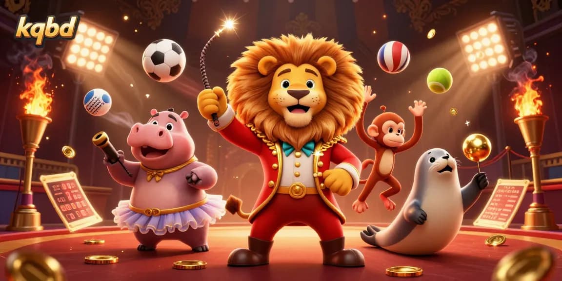 Experience kqbd real-time betting excitement with a dynamic 3D circus scene featuring vibrant characters and sports elements.