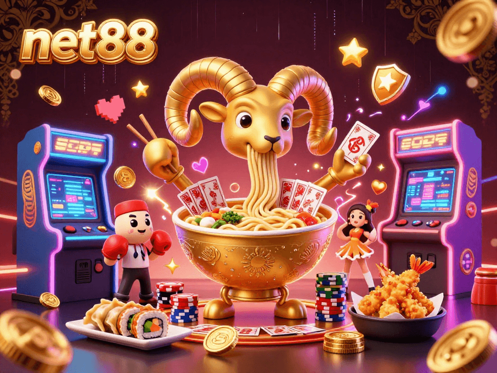 Experience net88's dynamic casino gameplay with cartoon characters amid vibrant gaming elements.