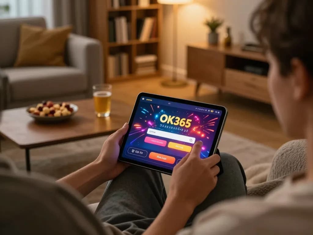 Engaging in gaming activity with OK365 đăng nhập shown on tablet in a cozy living room.