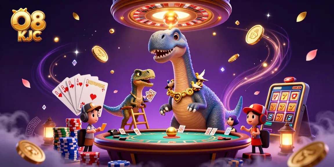 Experience thrilling gaming action at O8 KJC with a dynamic 3D casino scene featuring vibrant characters and elements.
