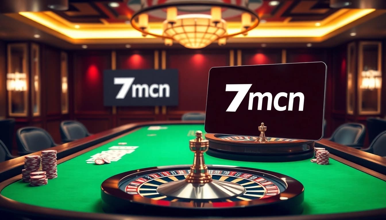 Experience the thrill of 7mcn with vibrant casino visuals featuring poker chips and roulette.