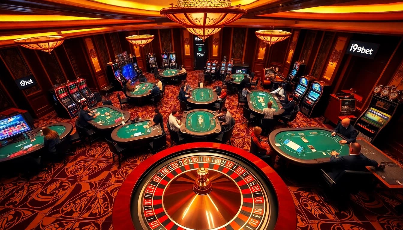 Poker players enjoying a high-stakes game at i9bet branded casino tables, with vibrant slot machines and a spinning roulette wheel.