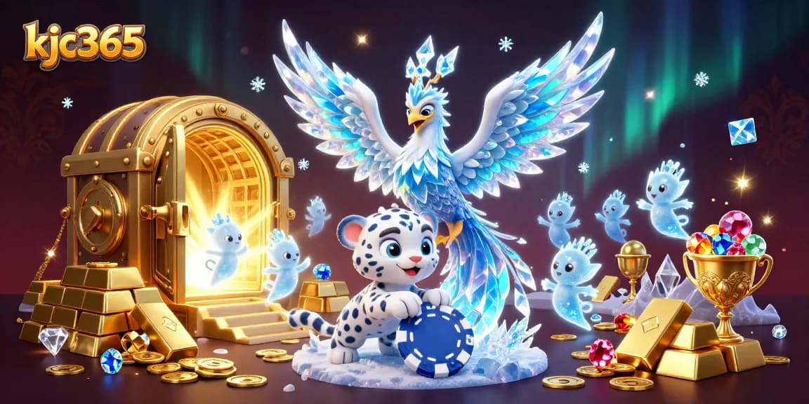 Experience thrilling games at kjc365 with a vibrant scene featuring luminous ice phoenixes and playful elements.