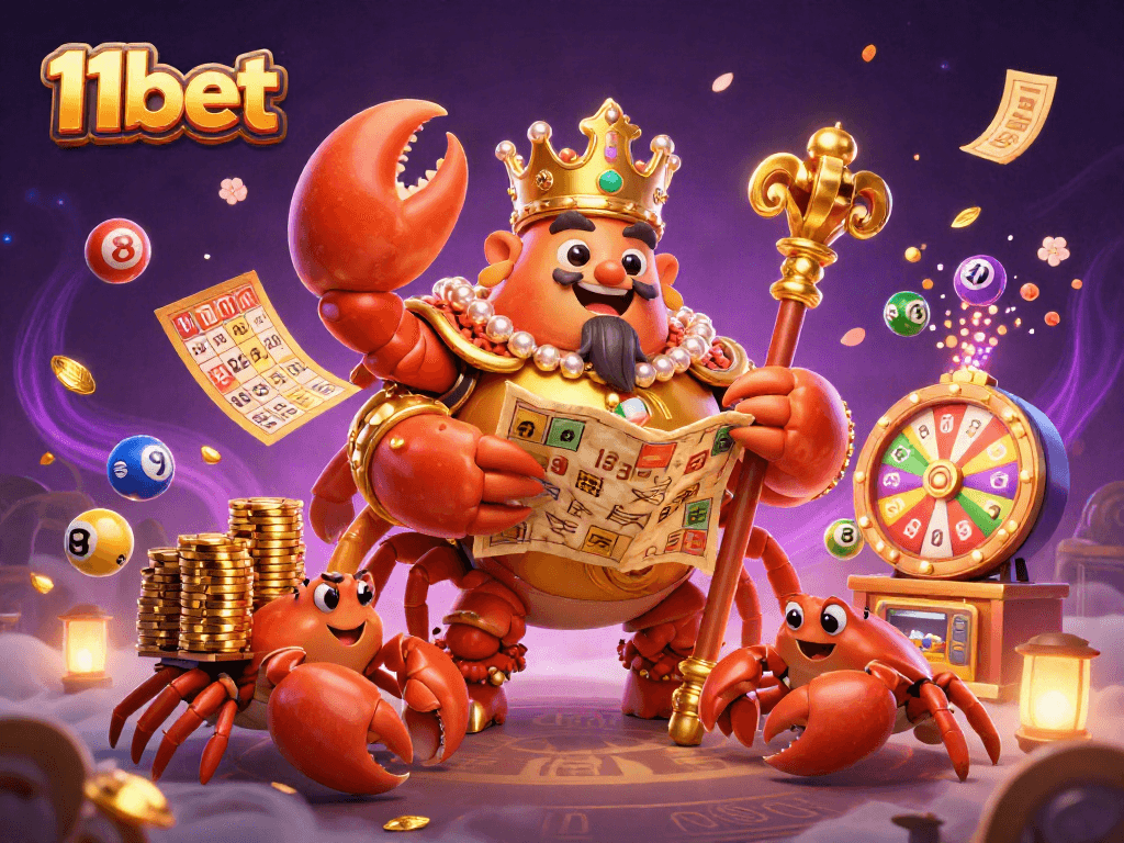 Experience the excitement of 11bet with a vibrant illustration showcasing a golden crab emperor among lottery elements.
