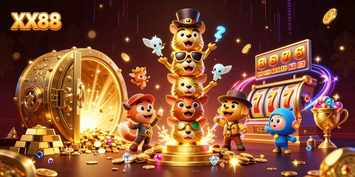 Experience exciting gameplay at XX88 with a golden totem surrounded by jewels and slot game elements.