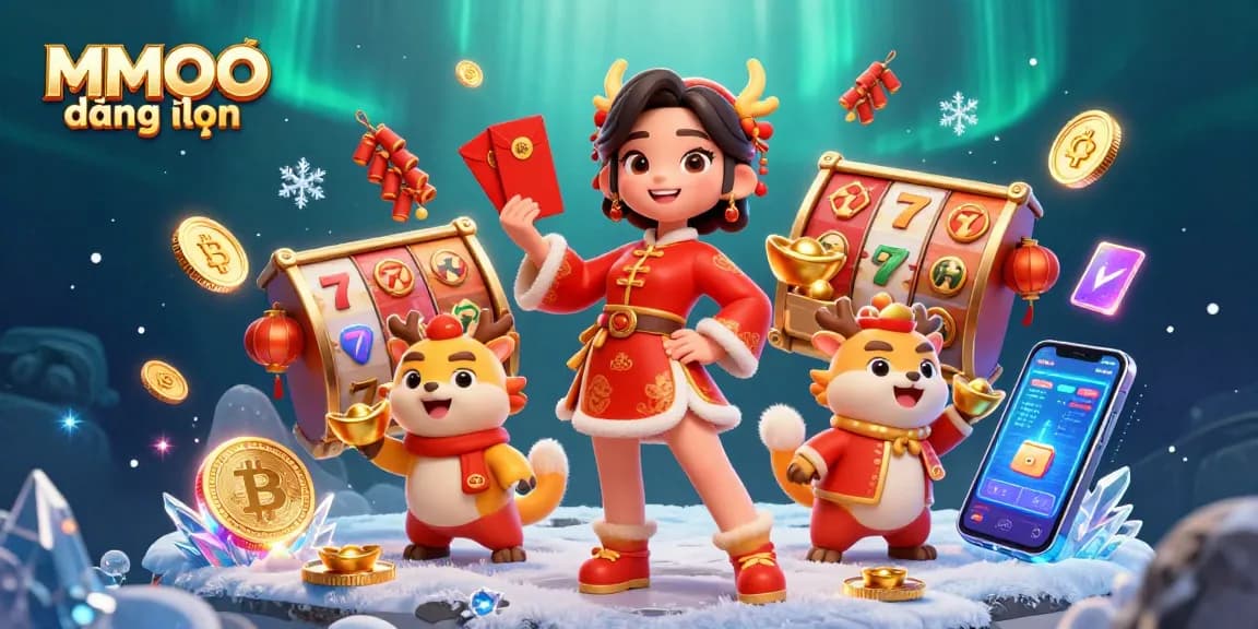 Experience the excitement of MMOO đăng nhập as you interact with slot reels surrounded by vibrant characters celebrating prosperity.