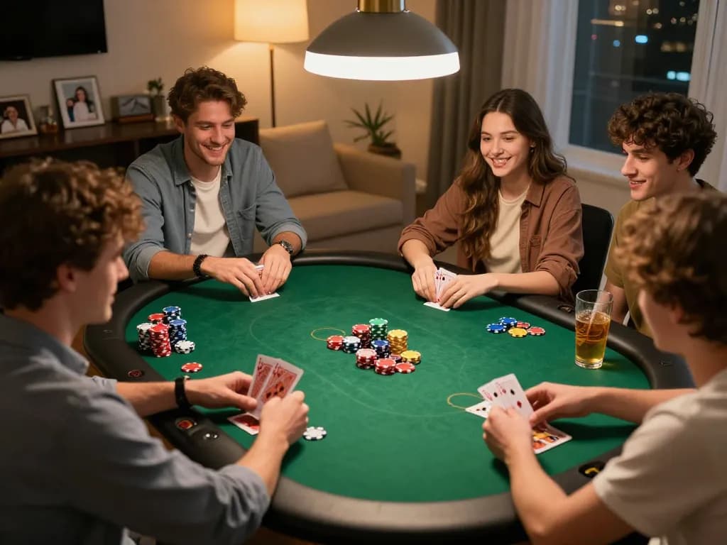 Friends enjoying poker night with GA 888, showcasing excitement and friendly competition at a home gaming table.