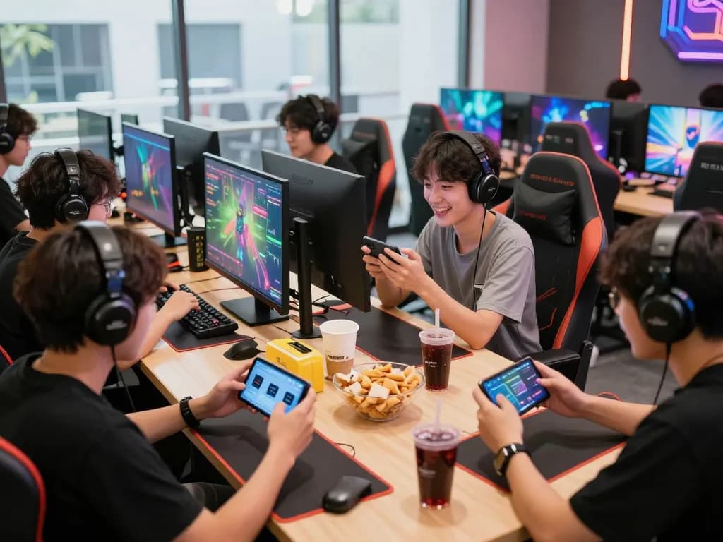 Engaged players enjoying the vibrant tải sunwin gaming experience in a lively lounge atmosphere.
