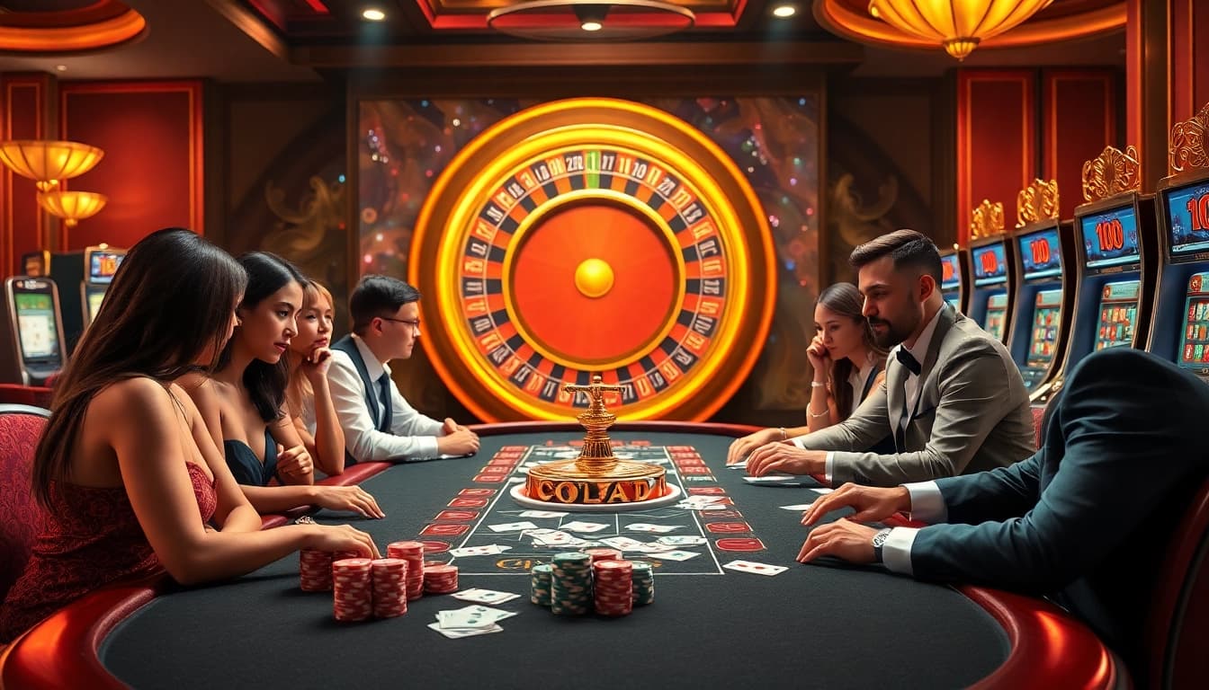 Players engaging in thrilling games at the RR88 casino with vibrant slot machines and poker tables.
