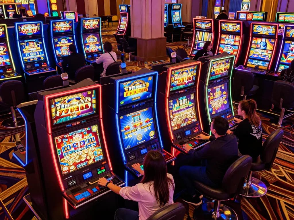 Players enjoying vibrant slot machines at 789win casino with exciting payouts and colorful displays
