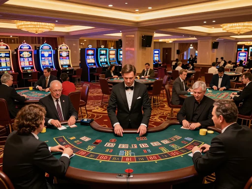 GO8 players engaging in a high-stakes blackjack game at an upscale casino, vibrant atmosphere with ambient lighting.