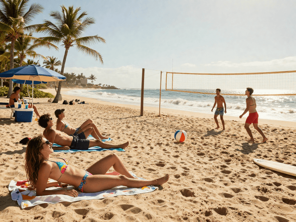 Group of friends enjoying BIKINISLOT at the beach, vibrant scene with colorful swimwear and ocean backdrop.