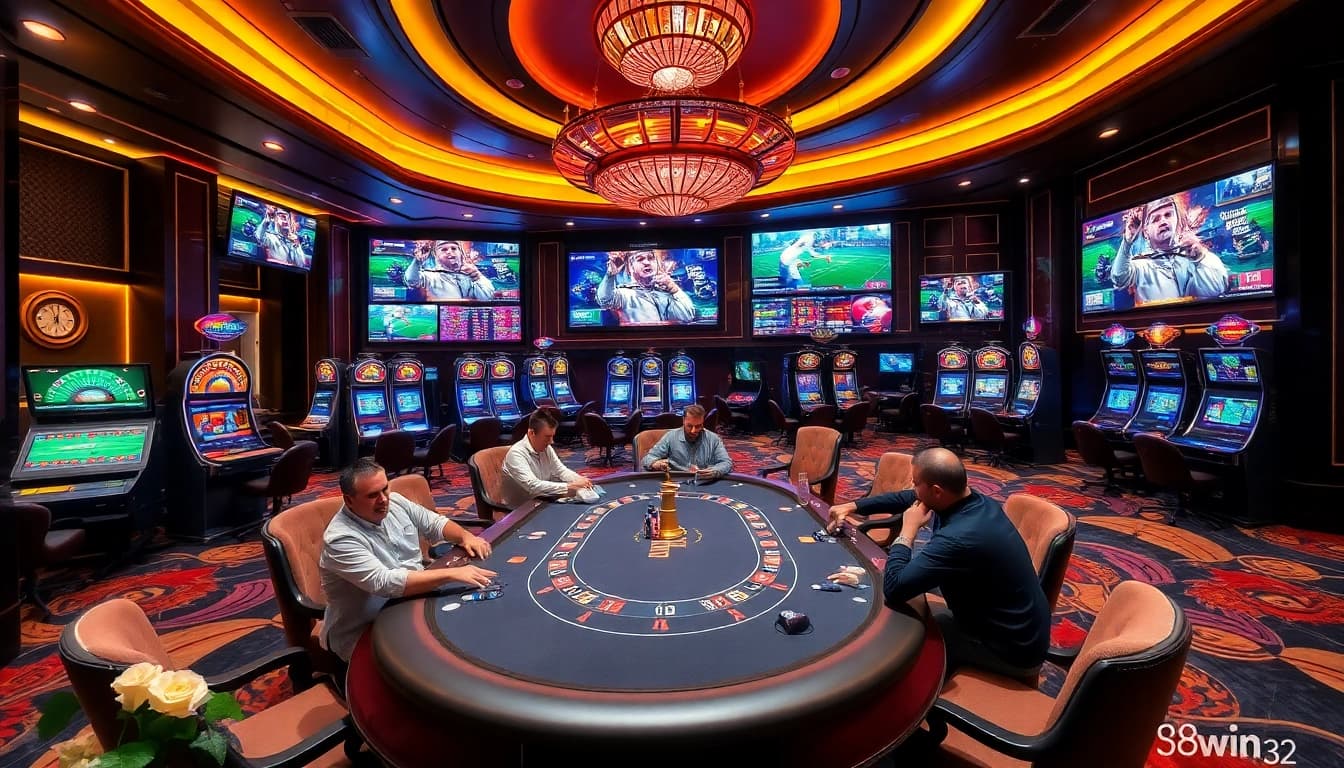 Players enjoying an exciting poker game at 58win 32 casino table under luxurious lighting.