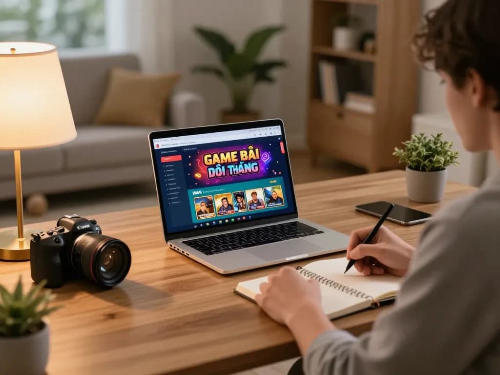 Engaging with Game Bài Đổi Thưởng app on a sleek laptop, showcasing a home gaming setup with strategic elements.