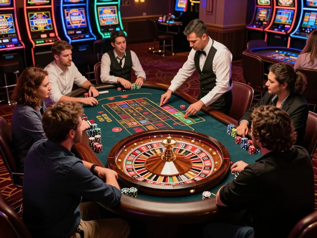 Players engaged in a thrilling roulette game at hitclub casino, croupier managing bets, vibrant atmosphere.
