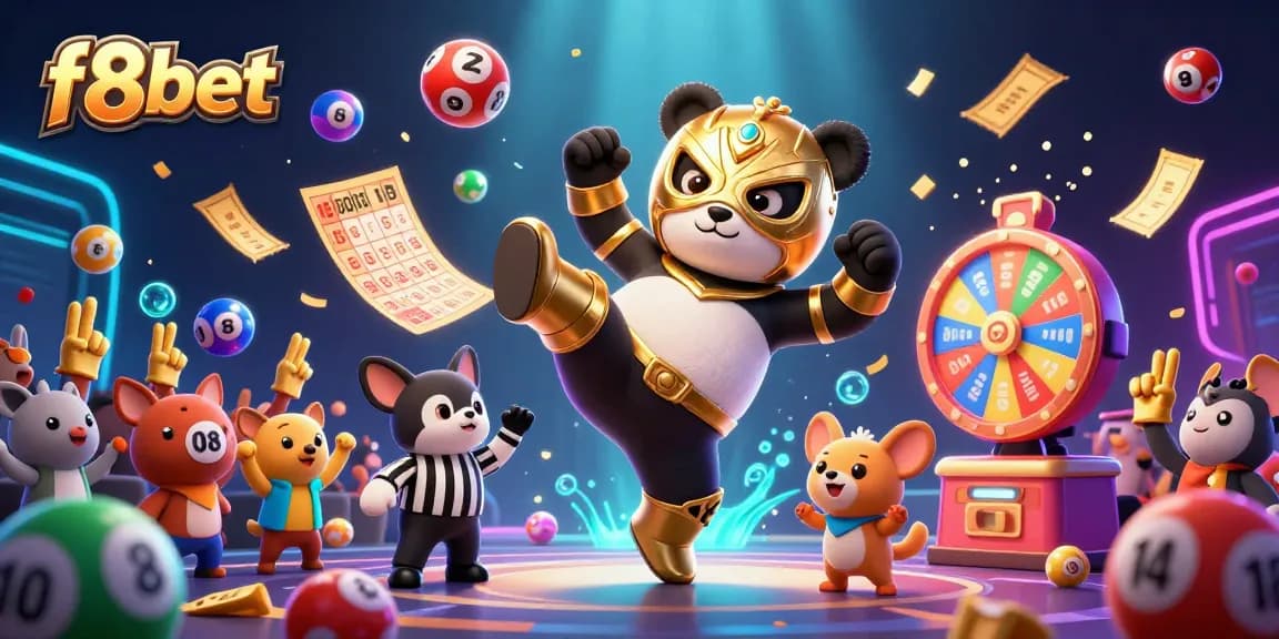 Witness the excitement of f8bet with a vibrant scene of lively gambling elements and characters.
